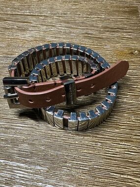 Micheal Kors Stretch Metal Link Bracelet with Brown Leather Accent